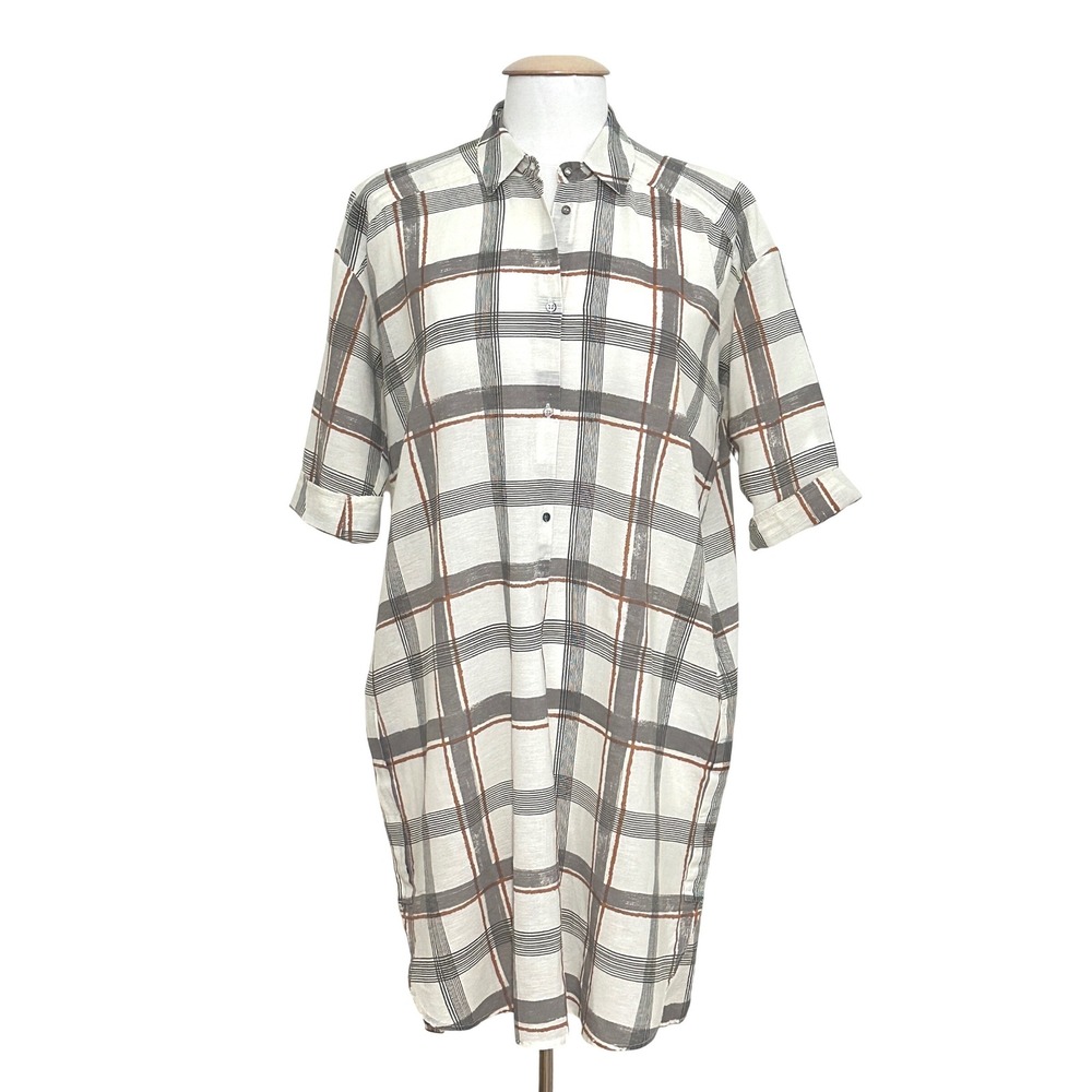 Pomandere Womens Dress M 42 Italian Linen Cotton Plaid Tunic Coastal Lagenlook